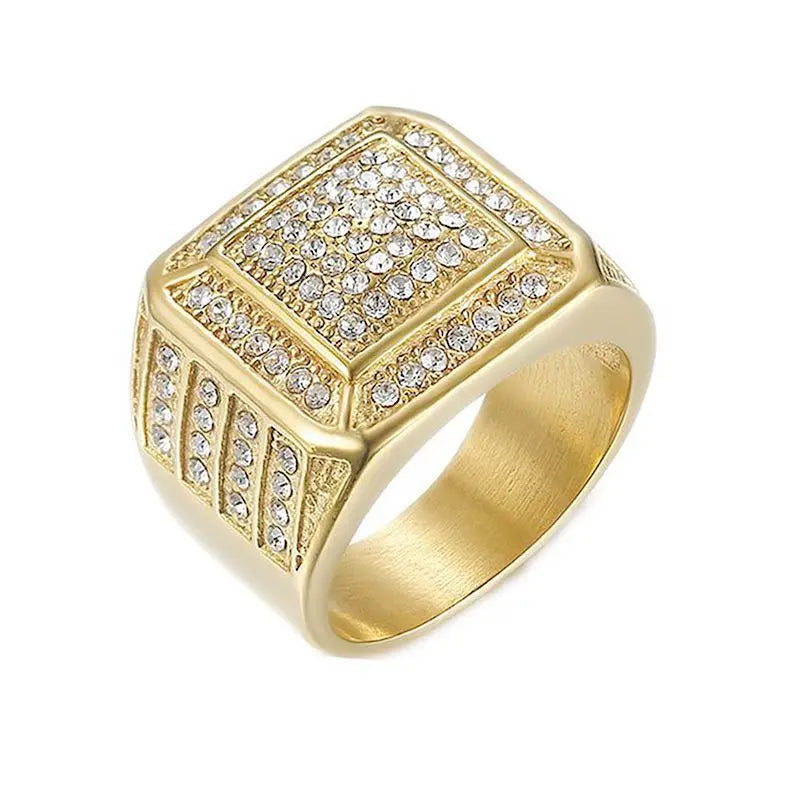Messia Wholesale Custom Square Design Exquisite Jewelry Crystal Engagement Rhinestone Ring 18k Gold Plated Mens Rings
