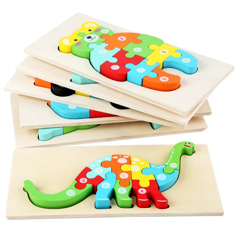 Popular Children Wooden 3D DIY Jigsaw Puzzle Board Game Other Educational Cartoon Dinosaur Animal Learning Toys for Kids