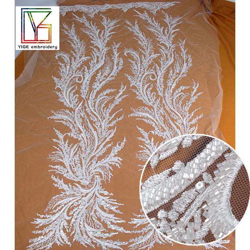 2022New Luxury White Bridal Beads Lace Wedding Mesh Lace Fabrics With Shiny Crystal Sequins Dress Fabric