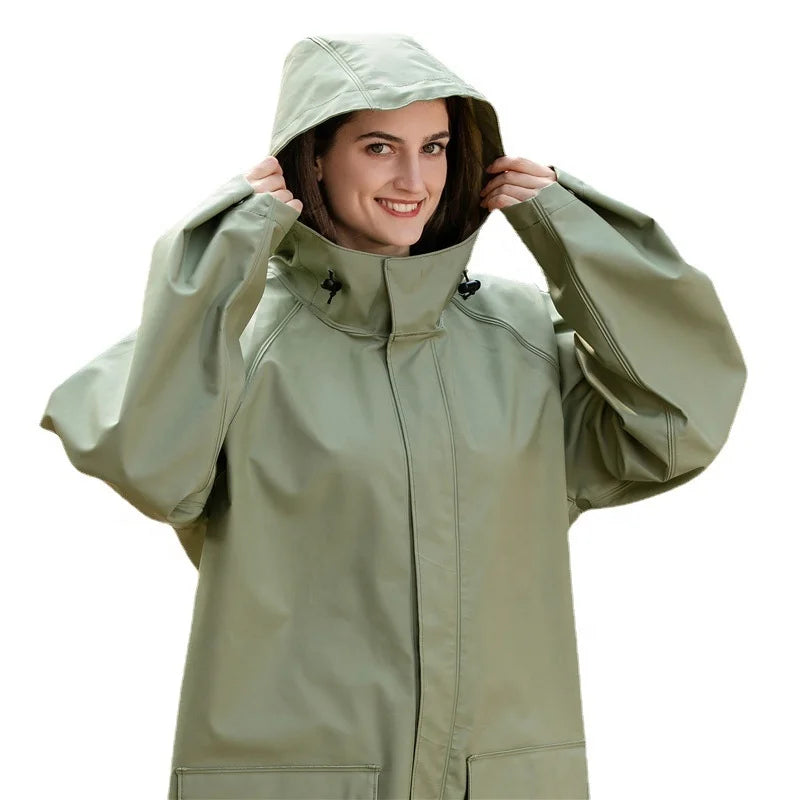 2023 Fashion Hiking Tour Waterproof Windproof Breathable PU Material Double-layer Women's Military Green Long Thickened Raincoat