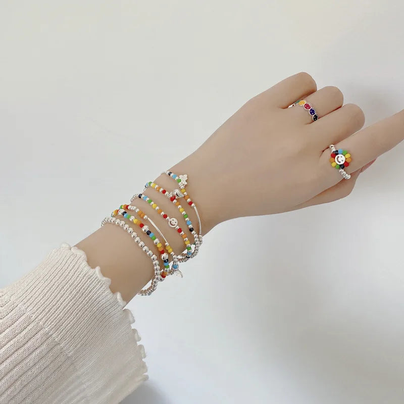 Fashion Fine Silver Bracelet 925 Sterling with Colorful Enamel Beads Bracelets for Girls Women Jewelry