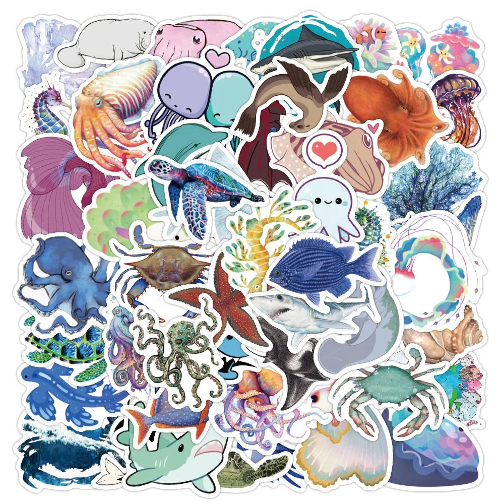 50Pcs Sea Ocean Animal Marine Life Graffiti Sticker for Waterproof Vinyl Cartoon Cute Kawaii Die Cut Washi Stickers