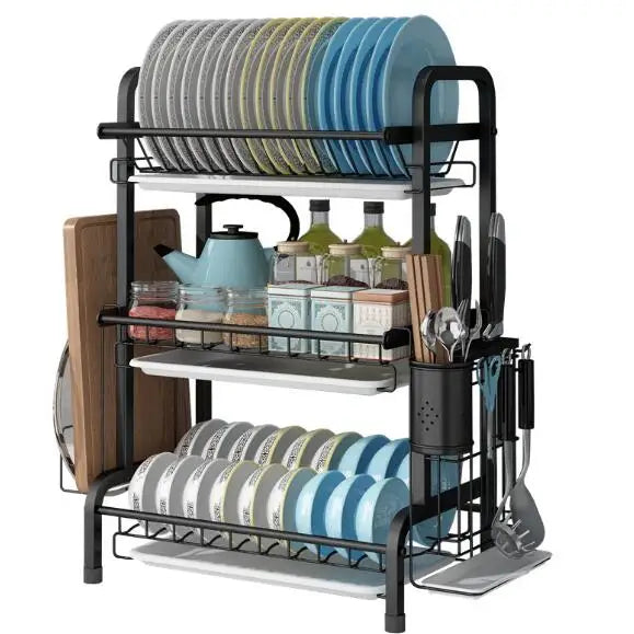 3 Tier Stainless Steel Sink Organizer Dish Drying Racks with Utensil Holder Dish Strainer Shelf for Kitchen Counter