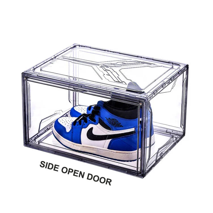 2026 Factory Wholesale Side Open Acrylic Sneaker Display Case  Magnetic Closure Stackable Shoe Storage Box for Sneaker