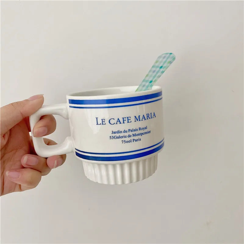 Solhui French Vintage Ceramic Coffee Mug Blue Letter Cups