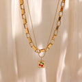 Waterproof 18K Gold Plated Non Tarnished Jewelry Box Chain Necklace Stainless Steel Cherry Square Pendant Necklace