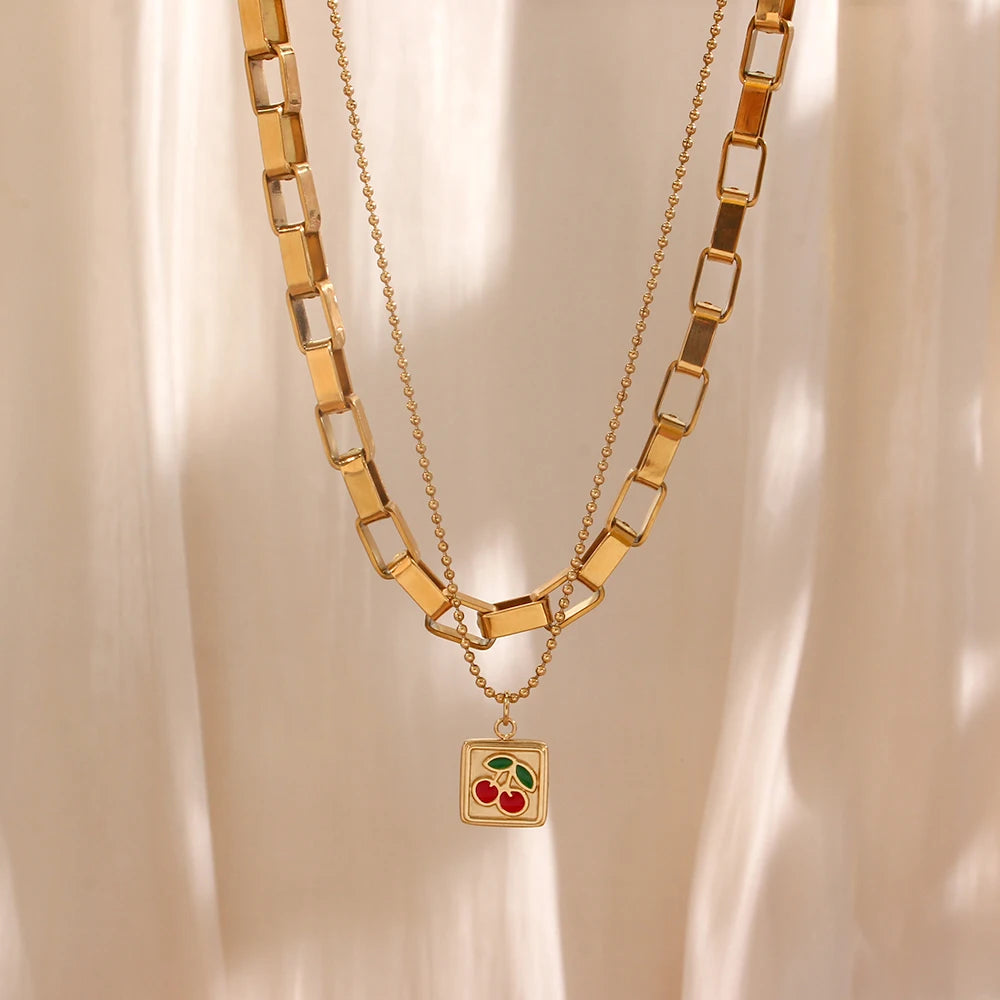 Waterproof 18K Gold Plated Non Tarnished Jewelry Box Chain Necklace Stainless Steel Cherry Square Pendant Necklace