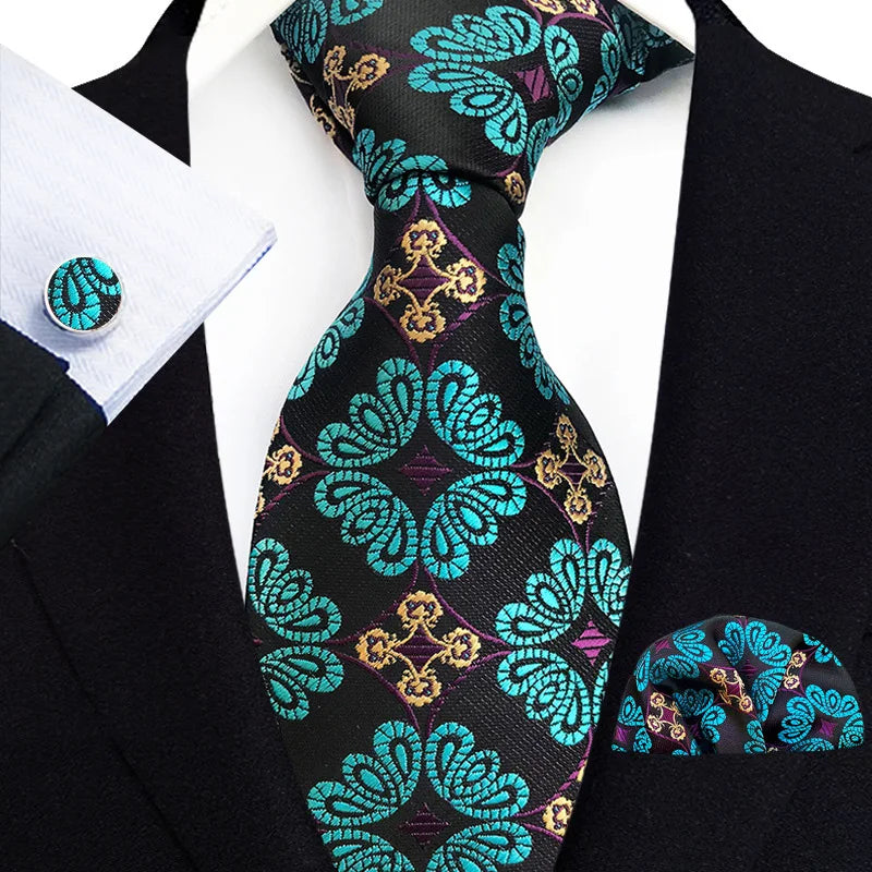 Ties for Men Formal Business Necktie Plaid Floral Polyester Ties Handkerchief Cufflinks Set Party Wedding Suit Necktie Hanky Set