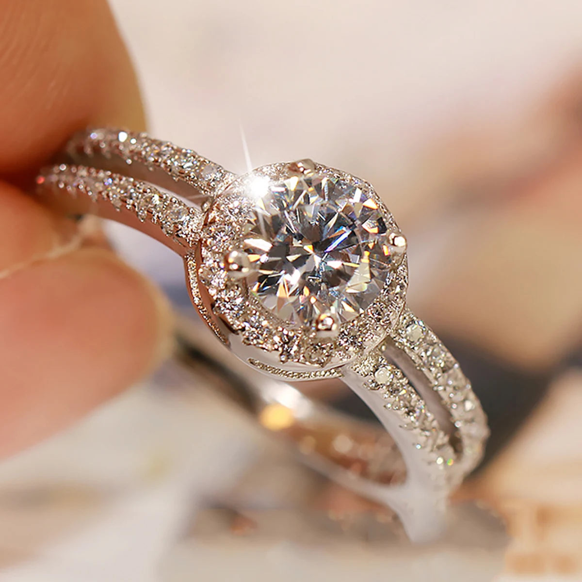 CAOSHI OEM Creative Two Row Round Sparkling Cubic Zirconia Finger Rings for Engagement Silver Plated CZ Rings Jewelry for Women