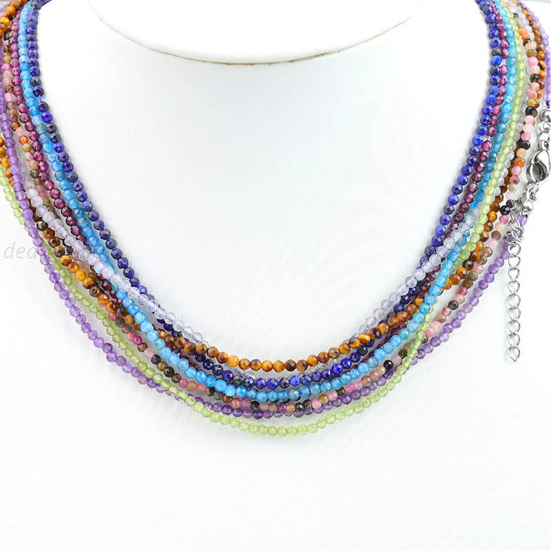 Wholesale Small Faceted Stone Beaded Necklaces Choker Jewelry Healing Gemstone With Stainless Steel Findings 2mm Bead Length 38C