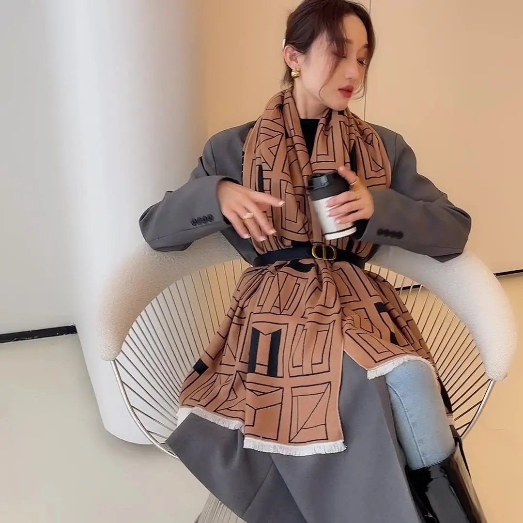 Autumn Winter 2-in-1 Korean-Style Geometric Tropical Polyester Durable Warm Scarf Shawl Student Windproof Neck Warmer Outerwear