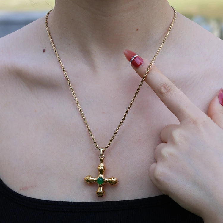 X138 Wholesale 18K Gold Plated Stainless Steel Tiger Eye Beads Cross Pendant Necklace Hiphop Jewelry for Women