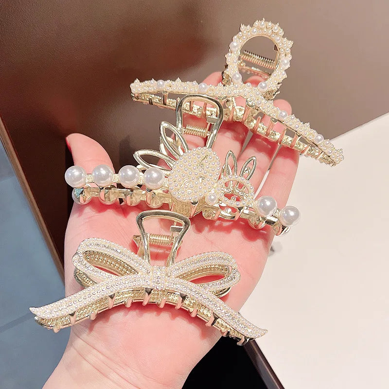 Garra De Pelo De Perla Pearl Crown Flower Hair Claw Bling Crystal Rhinestone Butterfly Hair Claw Clips for Women