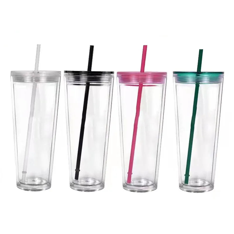 Custom Logo Clear Double Layer Plastic Cup with Straw Lid Clear Double Layer Tumbler Cup