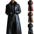 2022 Men's Long Black PU Leather Trench Coat Gothic Moto Biker Windbreaker Punk Outwear Jacket in XL Size for Spring Autumn