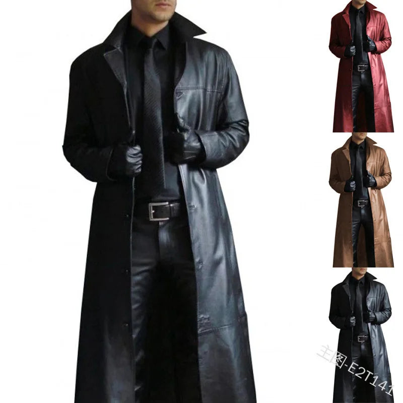 2022 Men's Long Black PU Leather Trench Coat Gothic Moto Biker Windbreaker Punk Outwear Jacket in XL Size for Spring Autumn