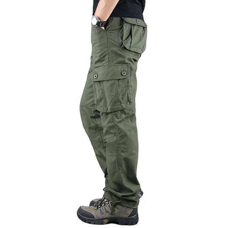 High Quality Men's Regular Fit Cargo Pants Mid Waist Canvas Fabric Casual Tactical Side Pockets Zipper Fly Black Hiking Utility