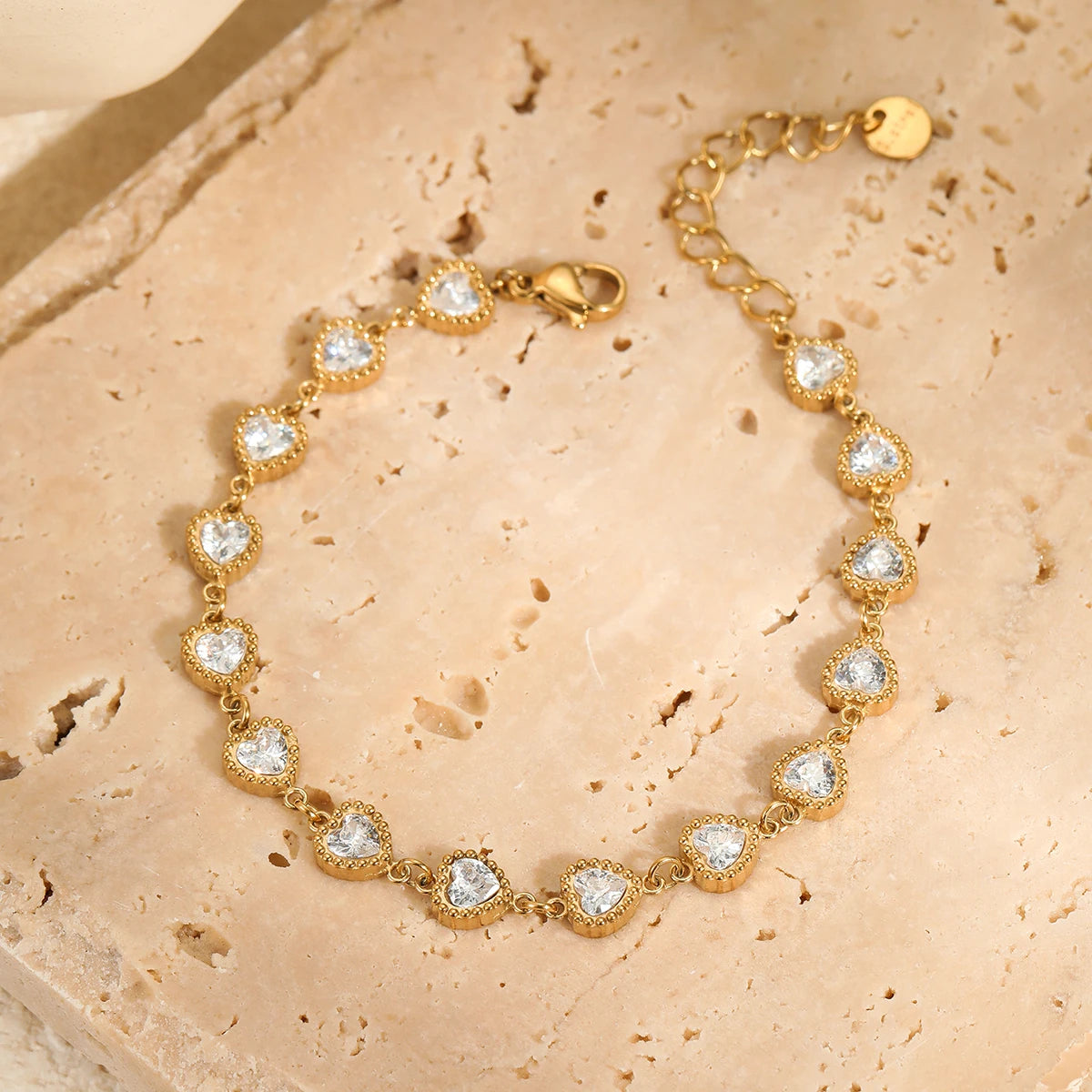 Nimai Stylish Heart to Heart Shiny Zircon Bracelet Link Chain Charm Diamond Bride Jewelry 18k Gold Waterproof