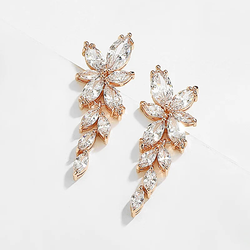 Fashion Simple Flower Horse Eye Zircon Earrings Light Luxury Bride Long Tassel Earrings for Women