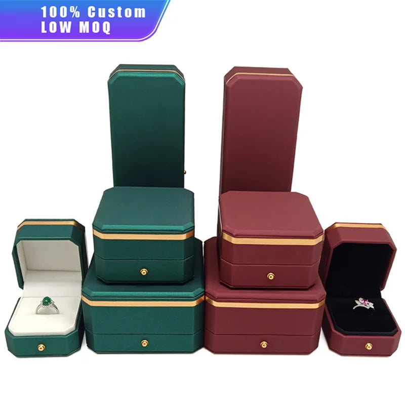 Wholesale PU Leather Octagonal Gold Rim Edge Gift Box Travel Organizer Bracelet Necklace Pendant Ring Jewelry Box with Logo
