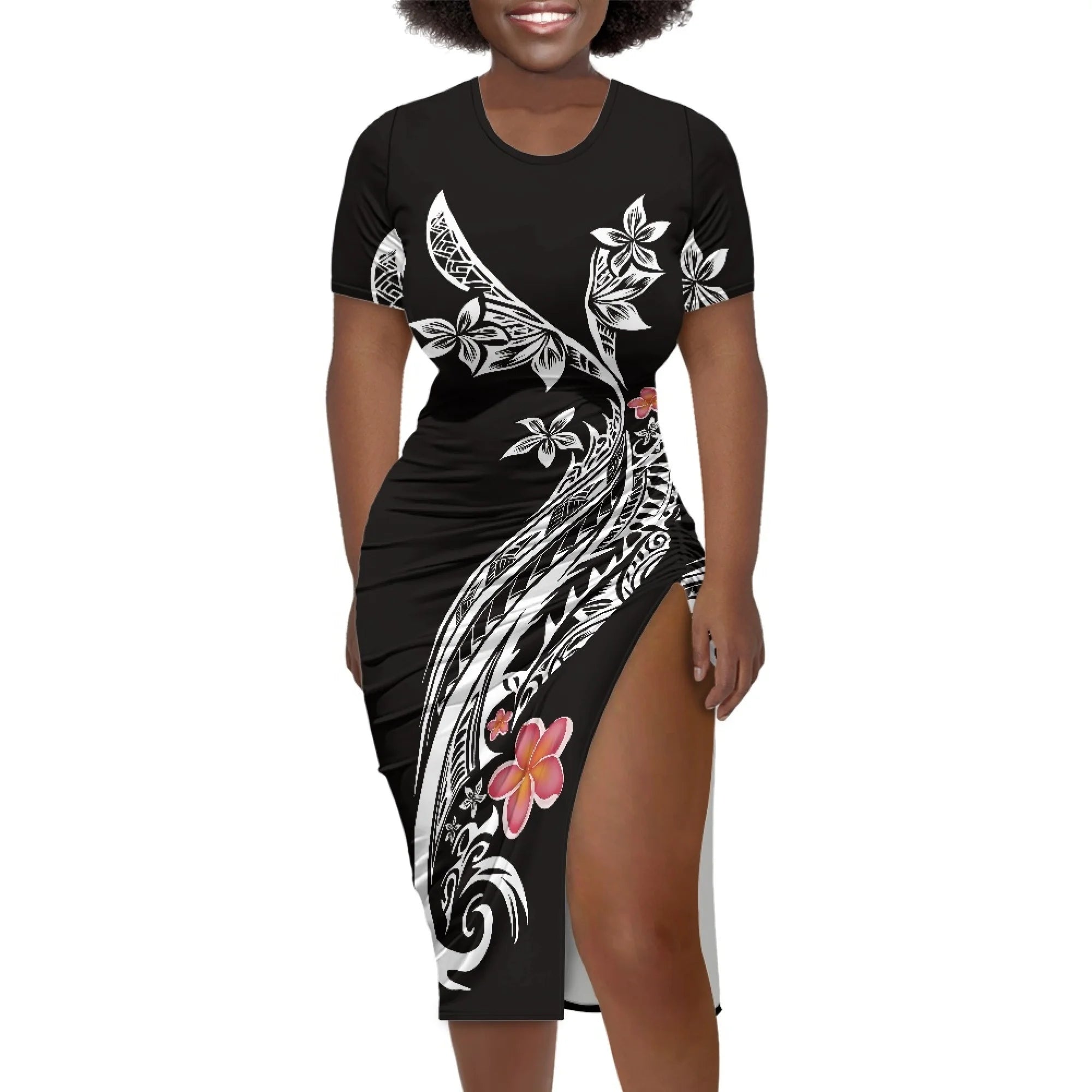 Vintage Elegant Black with Polynesian Flowers Pattern Women's Party Beach Vacation High Slit Sheath Summer Midi Bodycon Dress
