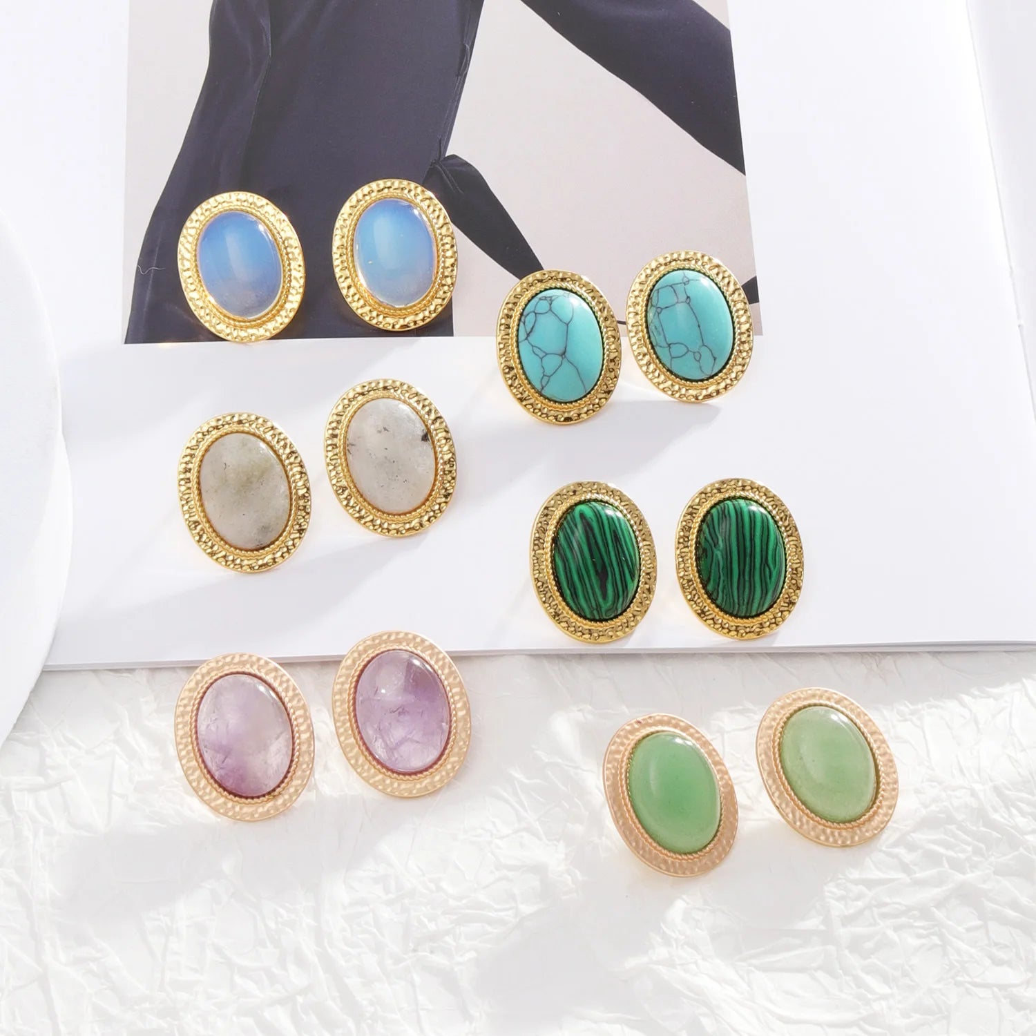 Luxury Versatile Style Earring Healing Crystal Plated Gold Amethyst Fashion Natural Stone Oval Shape Gemstone Earrings for Women
