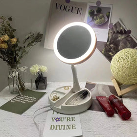 Foldable 10X Magnifying Makeup Mirror LED Light Small Vanity Table Standing 360 Degree Rechargeable ABS Finish Pocket Feature