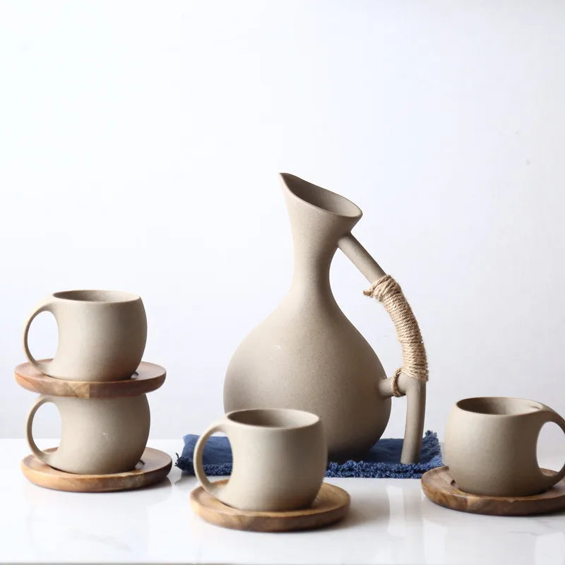 Nordic Marble Tea Set Ceramic Teapot and Cup with Wooden Handle Creative Kettle and Coffee/Water Cup for Afternoon Tea
