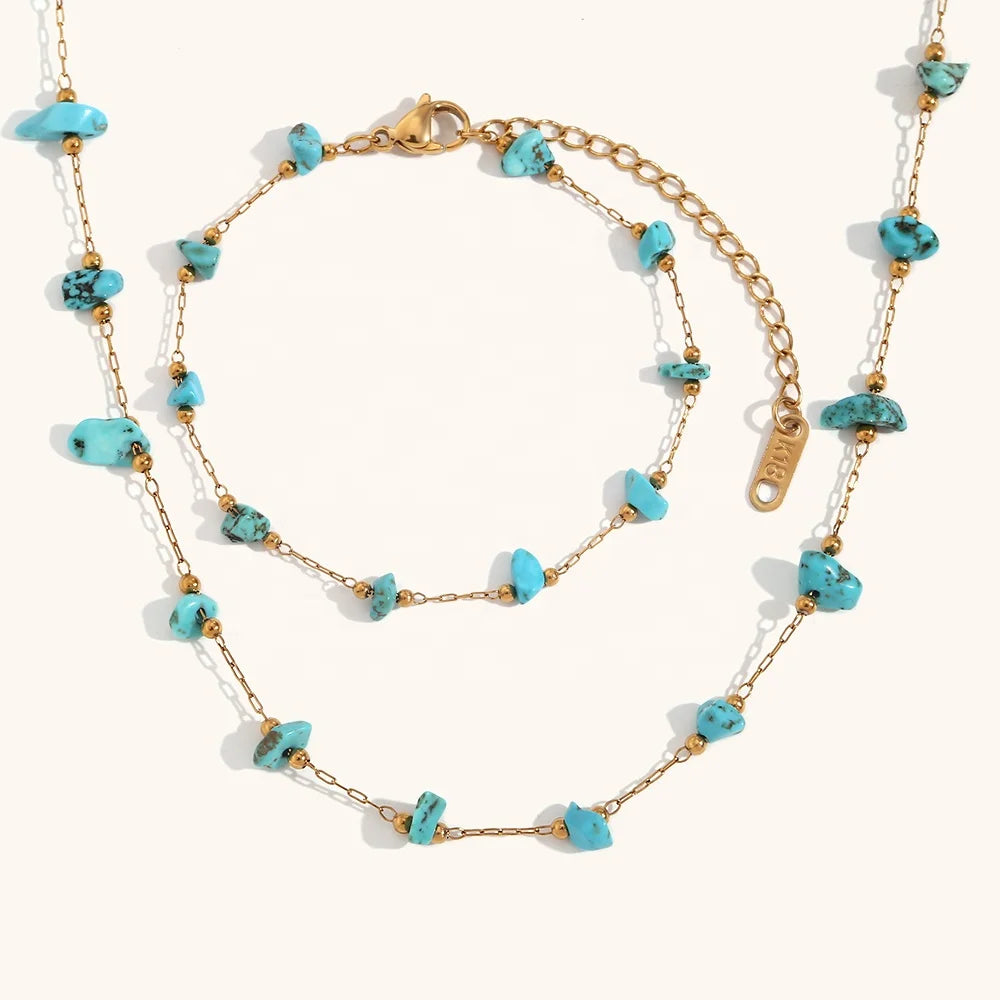 Dingran Jewelry Set Waterproof Natural Stone Handmade Chain Necklace and Bracelet Stainless Steel Gold Plated Jewelry
