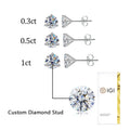 0.3CT 1CT Round Diamond Martini Style Stud 3 Prongs DEF VVS VS IGI Certificate CVD HPHT 10k 14k Gold Lab Grown Diamond Earrings