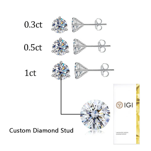 0.3CT 1CT Round Diamond Martini Style Stud 3 Prongs DEF VVS VS IGI Certificate CVD HPHT 10k 14k Gold Lab Grown Diamond Earrings