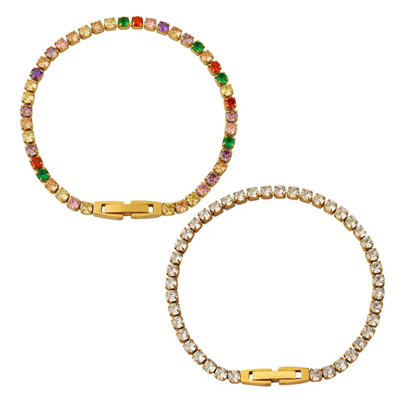 Stainless Steel 14K Gold Plated Colorful Zircon 3MM Wide 17cm Tennis Bracelet Unisex Nickel Lead Free Claw Fashion/Minimalist