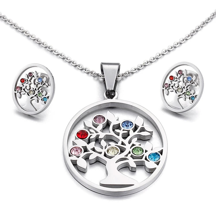 Popular Famous Hollow Round Tree of Life Crystal Stainless Steel Necklace Jewelry Sets
