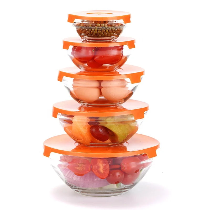 YG03-2 Wholesale 5pcs Glass Mixing Fresh Bowl Set Round Glass Fruit Salad Food Containers Serving Bowl With Plastic Lid