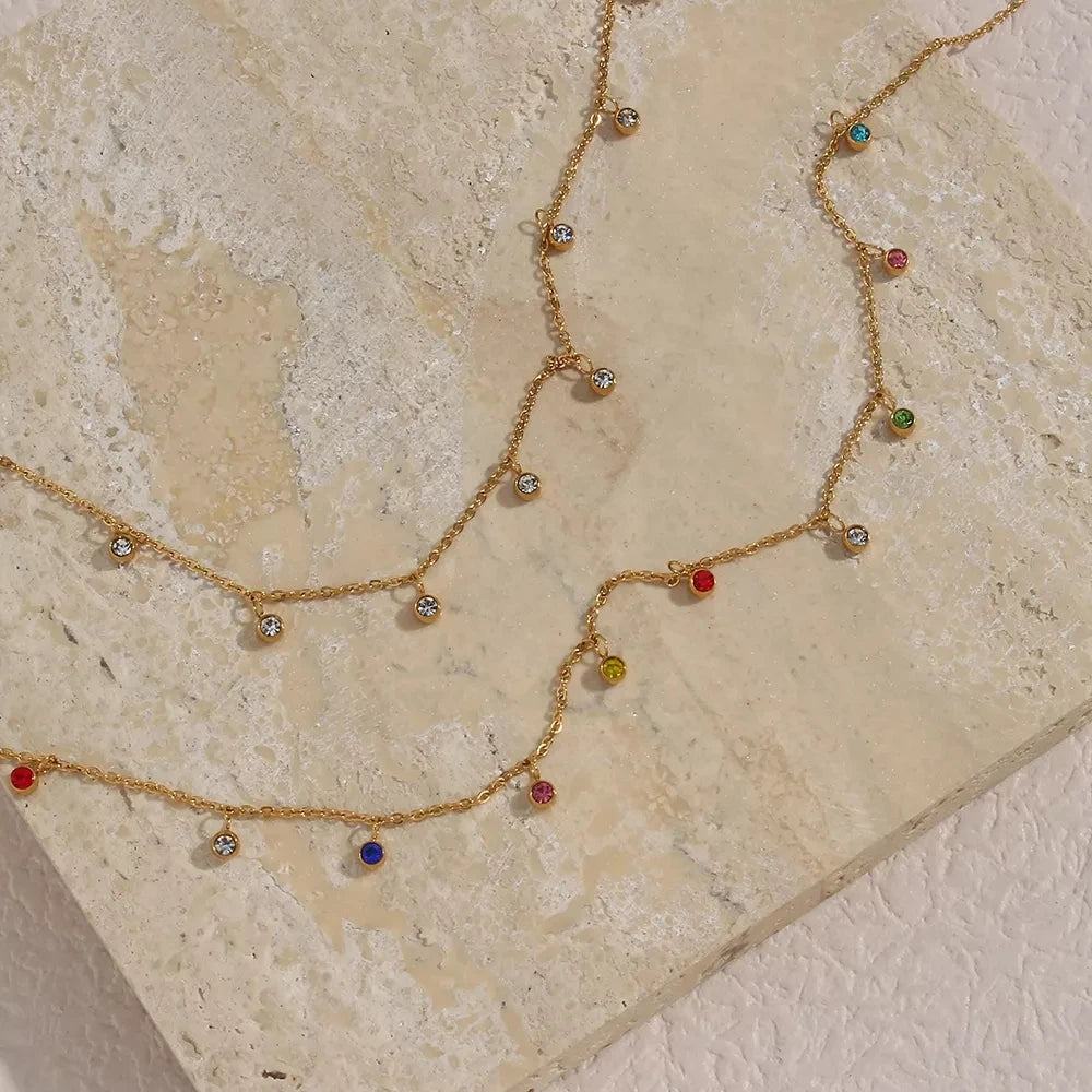 Shining Dangle Colorful Diamond Cz Stainless Steel 18k Gold Rhinestone Choker Necklace