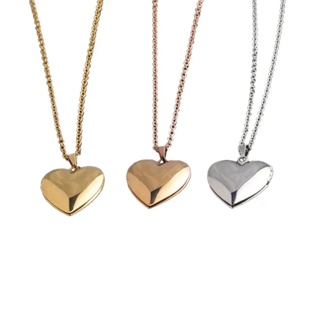 Fashion Stainless Steel Glossy Heart Shape Photo Frame Box Pendant Necklace DIY Gifts