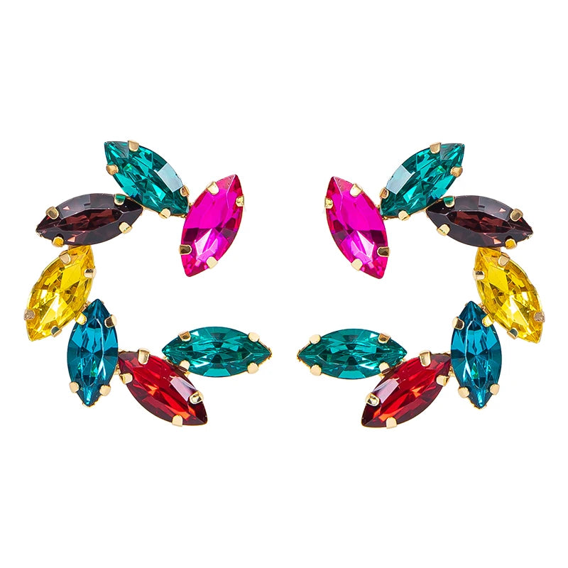 Fashion Alloy Crystal Rhinestone Stud Earrings Colorful Diamond Glass Flower Women Earrings Jewelry for Lady