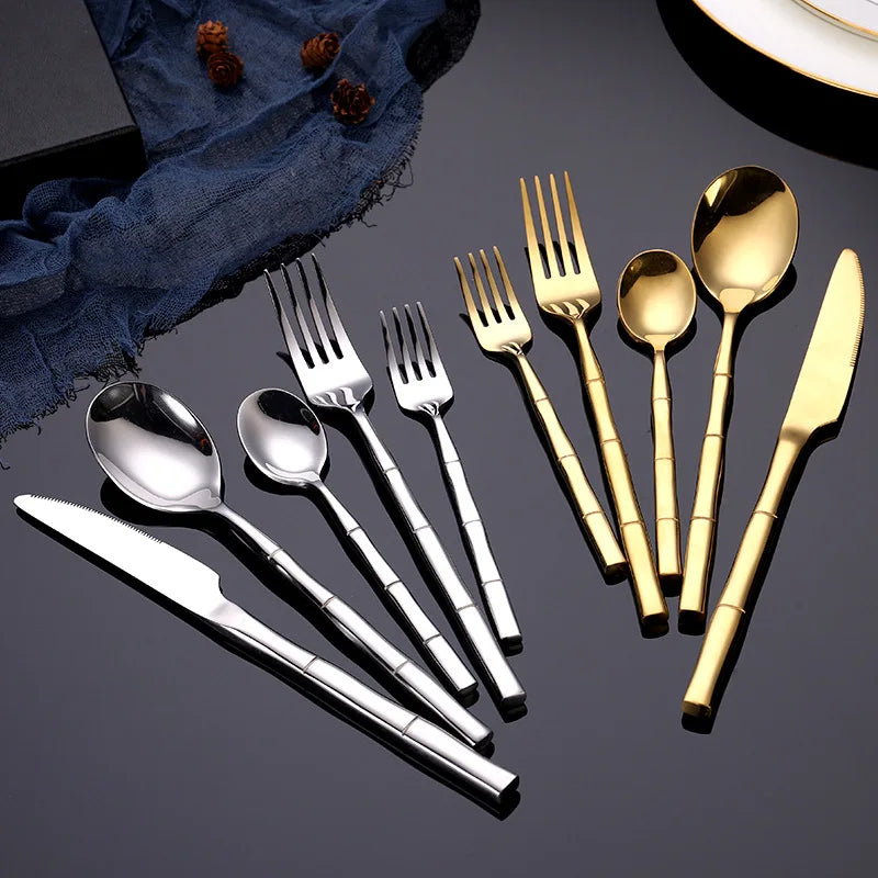 Best Selling Bamboo Handle Stainless Steel Cutlery Set Restaurant Serving Spoon Premium Gold Flatware Spoon and Fork