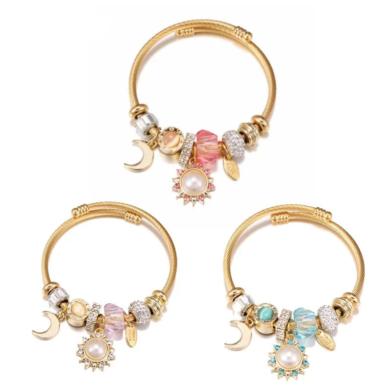 AA00286 Stainless Steel Bone Chain Crystal Butterfly Bangle Bracelet Adjustable Diamond Moon Star Charm Bracelet