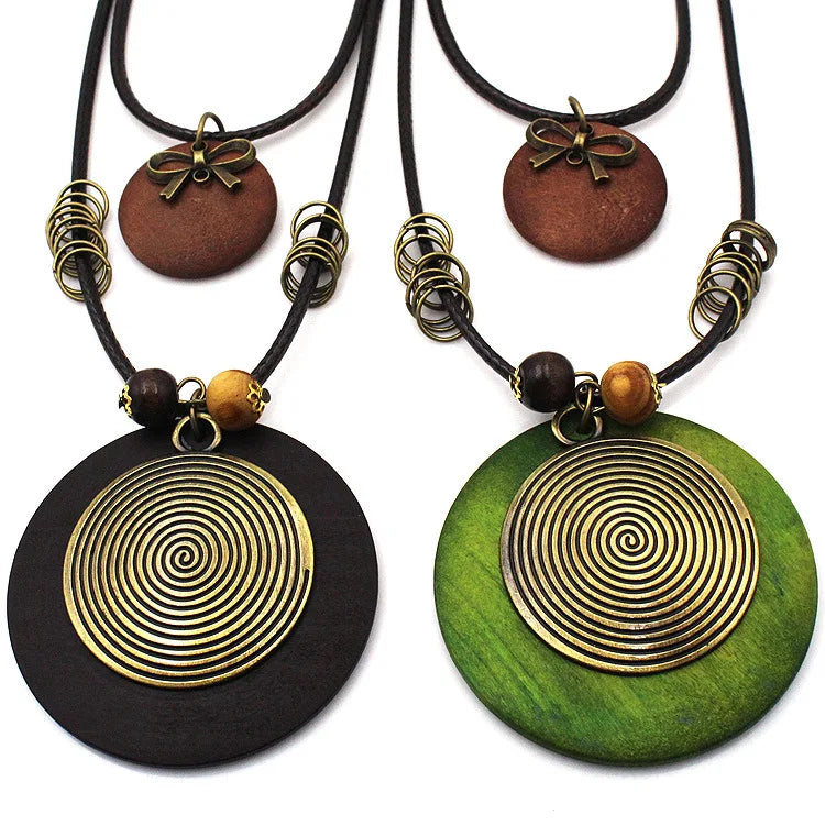 Summer Vacation Beach Accessories Brown Leather Cord Pendant Necklace Round Swirl Pendant Necklace Gifts for Women Men