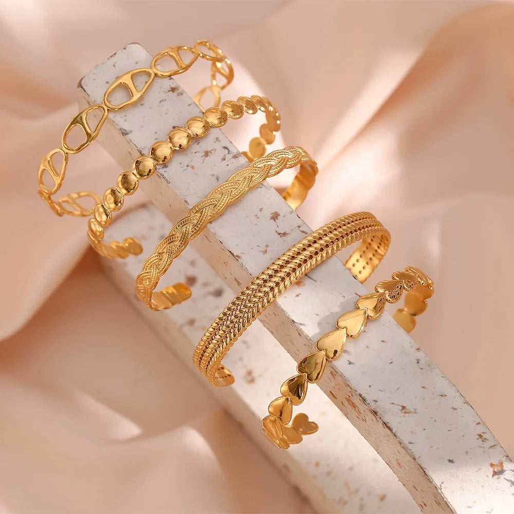 Dreamshow Trendy Adjustable 18k Gold Plated Cuff Bangle Set Tarnish Free Stainless Steel Fashion Jewelry Bracelets & Bangles