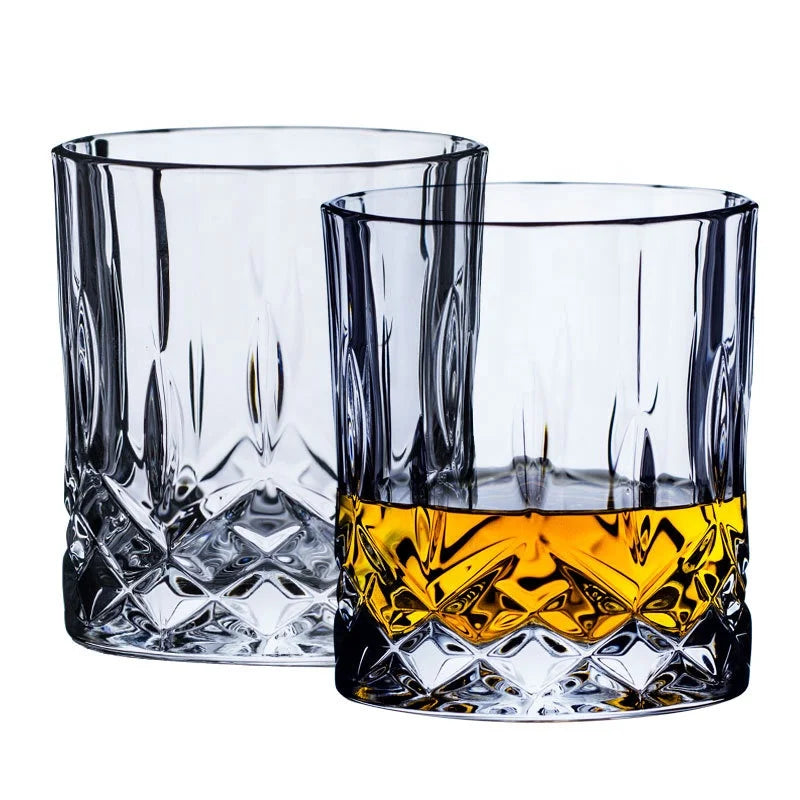 Free Sample Old Fashioned Crystal Whiskey Glasses Luxury Lead-Free Rotate Tumbler Shot Glass for Home Bar Party