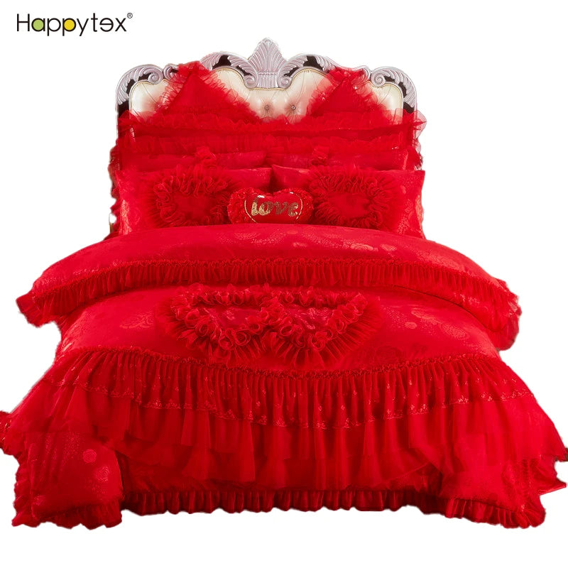 Super Soft Comfortable Cotton Lace 4PCS Bedding Set European Bridal Bed Sheet Bedding Set Wedding for Adults Home Hotel