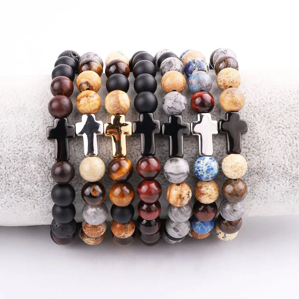 New Design Men Bracelet Natural Stone Tiger Eye Onyx Stainless Steel Cross Charm Gemstone Bracelet Men