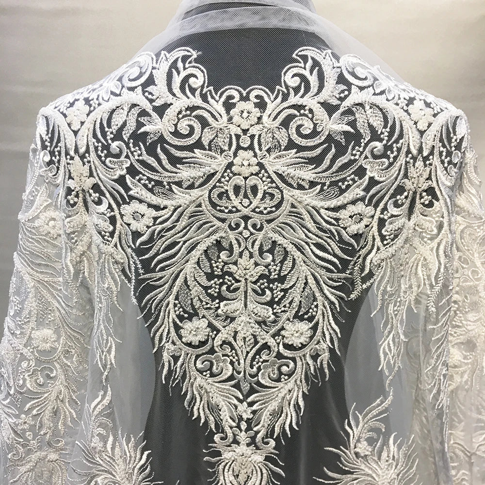 Exquisite 3D Embroidery White Mesh Lace Fabric Top Quality Heavily Beaded French Chantilly Lace Fabric for Wedding
