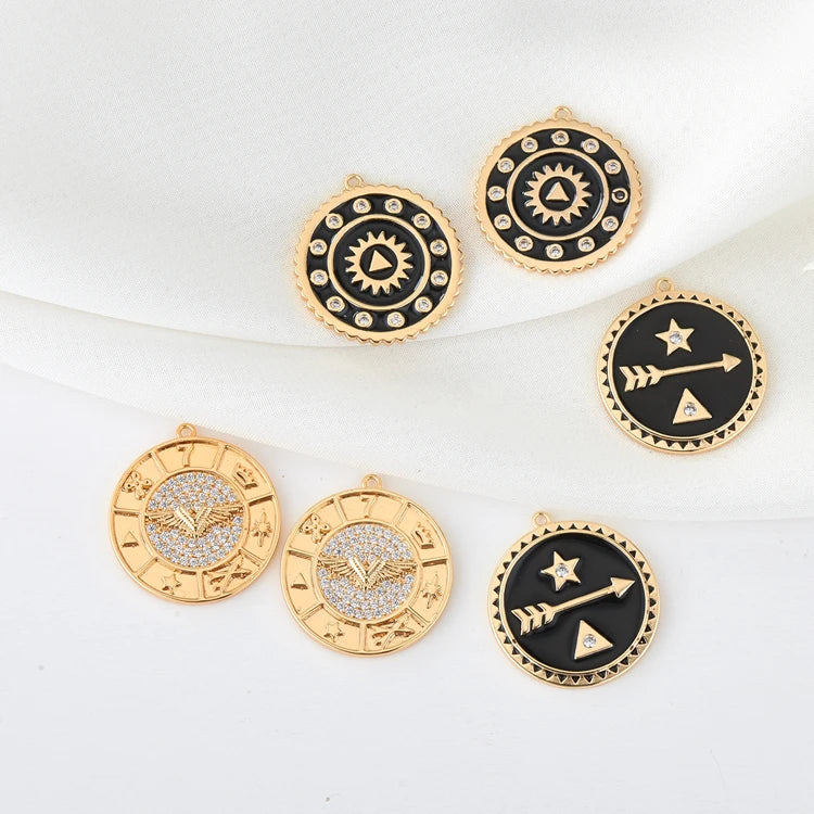 Factory Custom 14K Gold Plated Black Enamel Circular Pendant With Zircon Sun Pattern Charms Fashion Jewelry Making Accessories