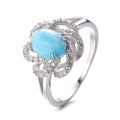 Solid Silver 925 Rings in Flower Design with Blue Larimar Stone Engagement Ring for Women