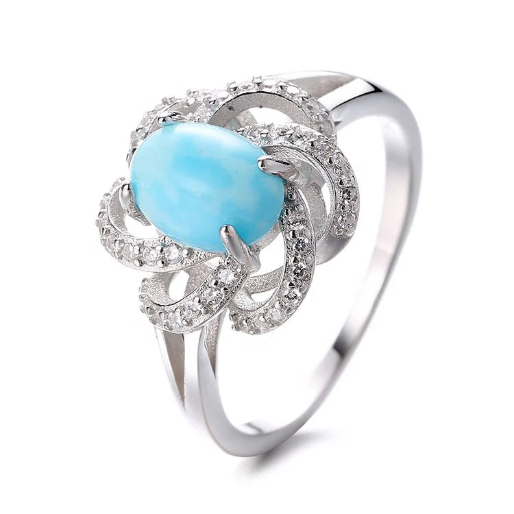Solid Silver 925 Rings in Flower Design with Blue Larimar Stone Engagement Ring for Women