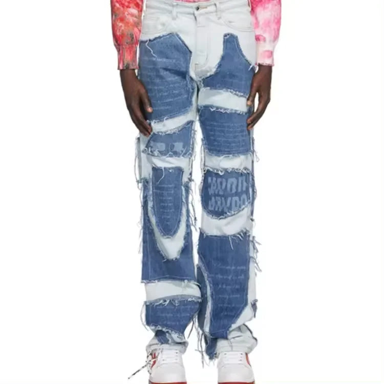 Custom Jeans Men Slim Patchwork Denim Pants Zipper Men Skinny Slim Stretch Denim Long Jeans for Men