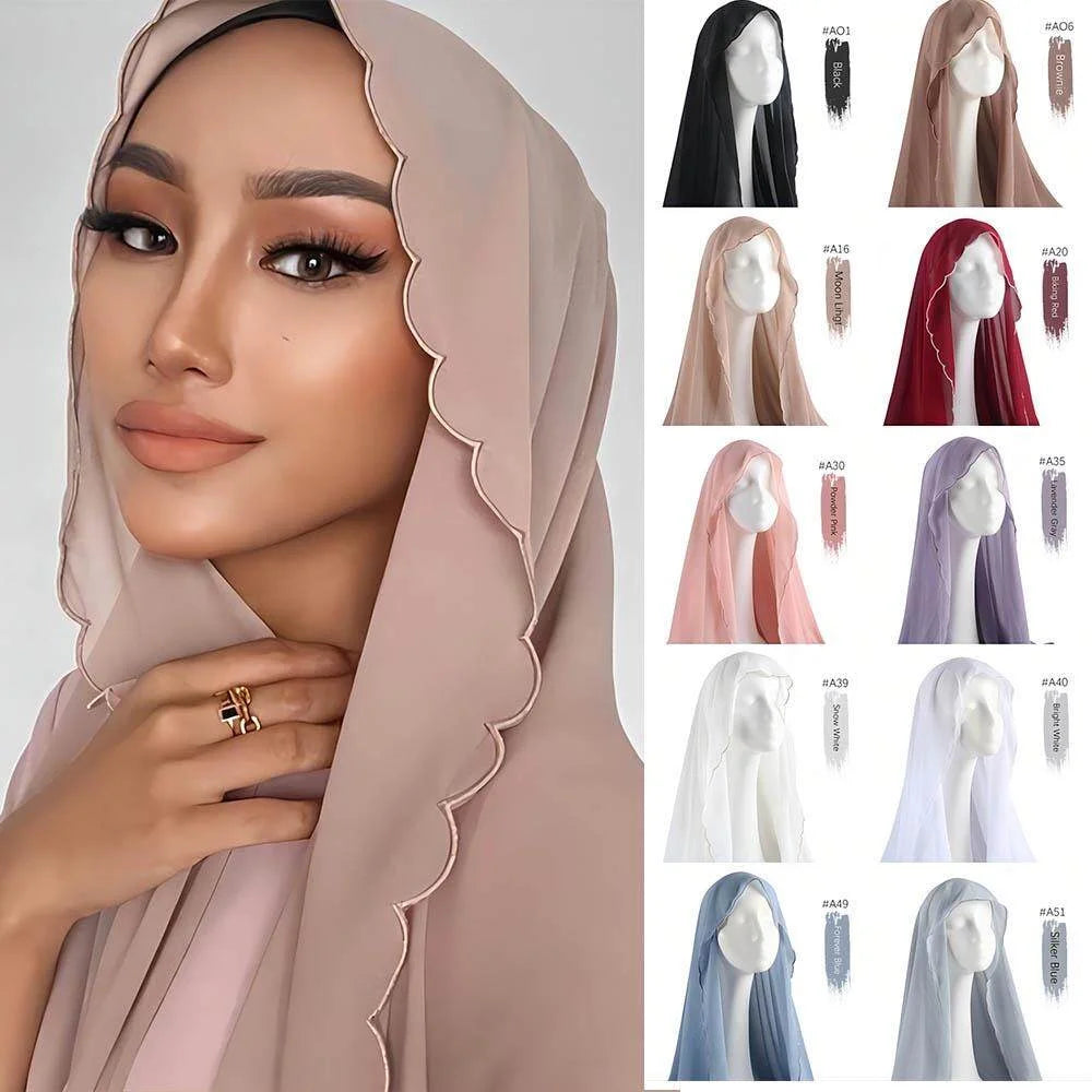 Women's Pure Chiffon Hijab New Embroidery Lace With Hot Pearl Long Square Style Summer Suitable